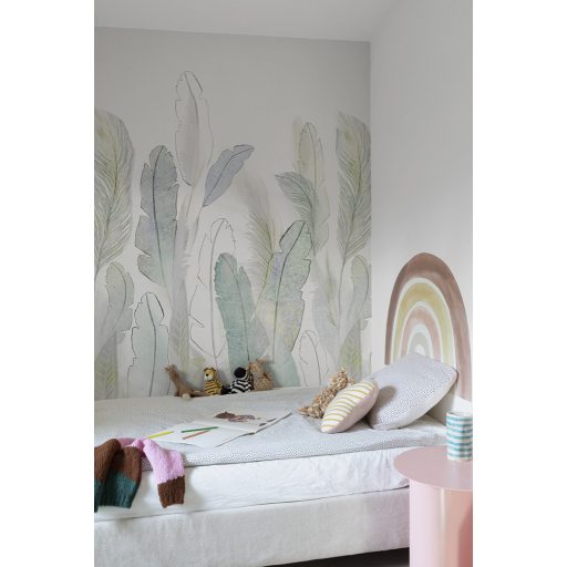 Légies könnyedségű illusztrált (rajzolt) pasztell banánlevelek kompozíció fehér zöld kék szürke és halvány sárga tónus falpanel