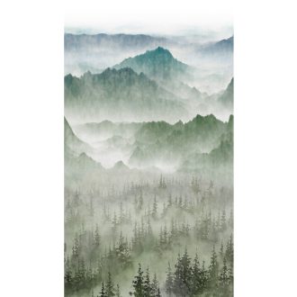   Misztikus ködbe burkolózó hegyvidéki táj panoramája fehér szürkésfehér zöld kékeszöld türkiz és smaragd tónus falpanel