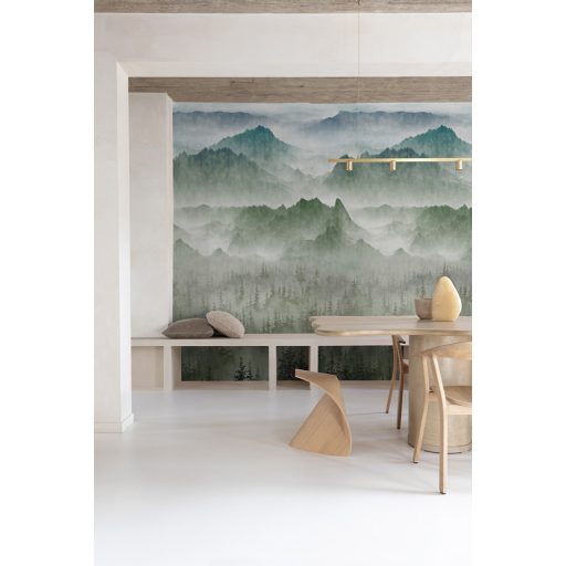 Misztikus ködbe burkolózó hegyvidéki táj panoramája fehér szürkésfehér zöld kékeszöld türkiz és smaragd tónus falpanel