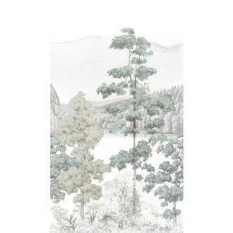   Harmonikus nyugodt atmoszféra festett tájkép motívummal fehér szürkésfehér szürke zöld és szürkészöld tónus falpanel