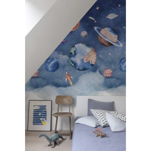Kozmikus Kalandra hív az Univerzum sötétkék felhőkék zöld fehér és lia tónus gyrekszobai falpanel