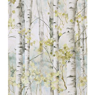   Lélegzetelállító akvarell hatású nyírfaliget ábrázolás fehér szürkésfehér világoszöld és fekete tónus falpanel