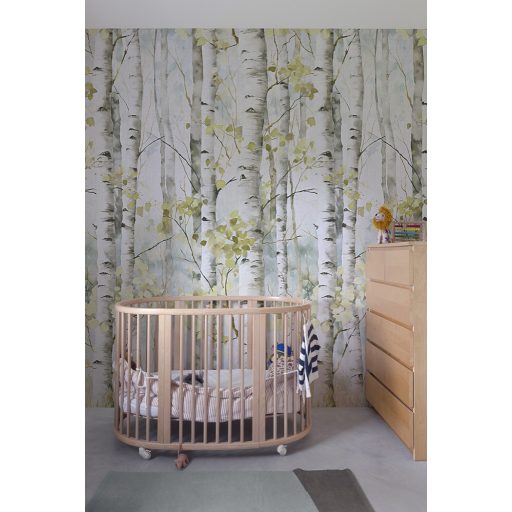 Lélegzetelállító akvarell hatású nyírfaliget ábrázolás fehér szürkésfehér világoszöld és fekete tónus falpanel