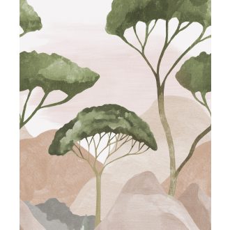   Mediterrán álom stilizált píneafenyőkkal pasztell domborzat háttéren fehér barnás-terrakotta lazac és zöld tónus falpanel