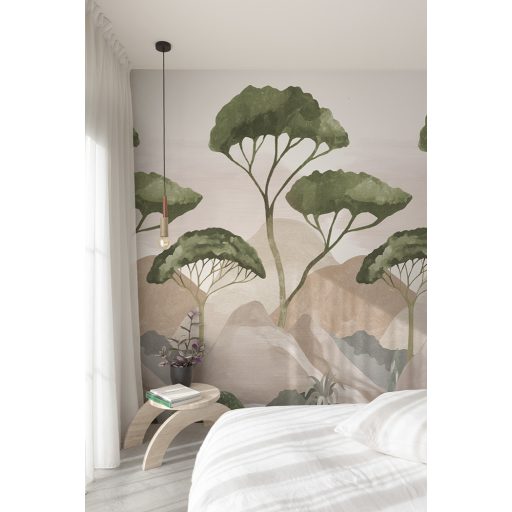 Mediterrán álom stilizált píneafenyőkkal pasztell domborzat háttéren fehér barnás-terrakotta lazac és zöld tónus falpanel