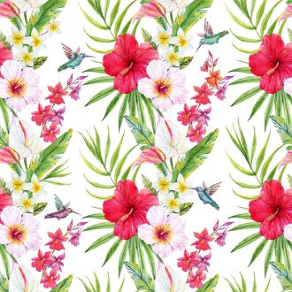 Greenery DD116608  Natur trópus virágok kolibrikkel fehér zöld piros szines digitális nyomat