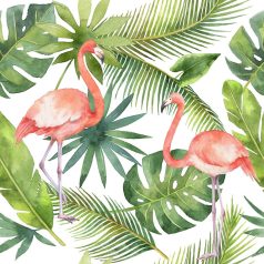 Greenery DD116612  Natur trópusi levélzet flamingókkal fehér zöld rózsaszín digitális nyomat