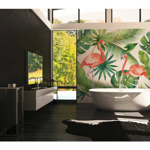 Greenery DD116612  Natur trópusi levélzet flamingókkal fehér zöld rózsaszín digitális nyomat