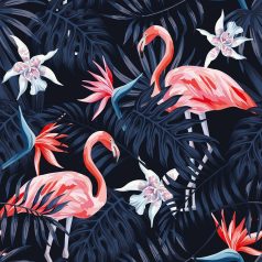 DD116613  Natur trópusi levélzet flamingókkal sötétkék fekete lazacpiros digitális nyomat