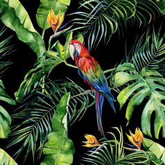 DD116615 Natur trópusi virágos dzsungel motívum ara papagájjal fekete szines digitális nyomat