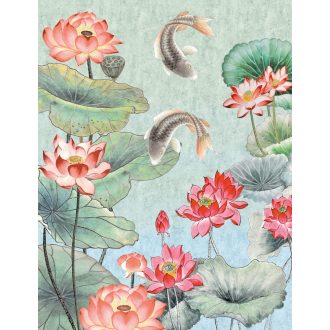   As-Creation Metropolitan Stories II, DD118830 Natur Etno tavirózsás tó Koi pontyokkal vízkék és zöld szürke piros hússzín falpanel