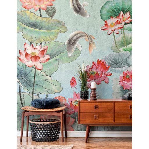 As-Creation Metropolitan Stories II, DD118830 Natur Etno tavirózsás tó Koi pontyokkal vízkék és zöld szürke piros hússzín falpanel