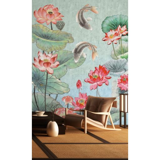 As-Creation Metropolitan Stories II, DD118830 Natur Etno tavirózsás tó Koi pontyokkal vízkék és zöld szürke piros hússzín falpanel