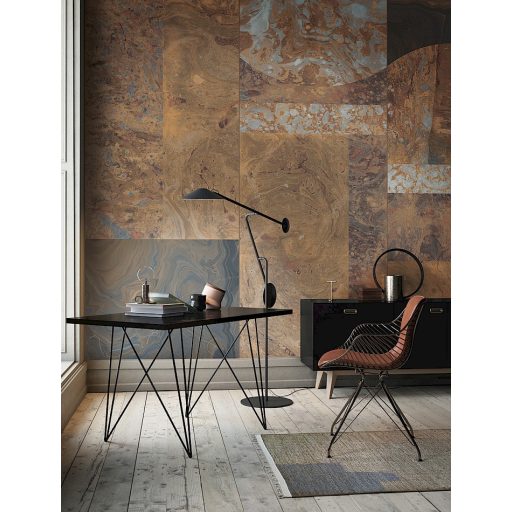 Nagyformátumú márványlapok lélegzetelállító mintája barna/sárgásbarna borostyánsárga szürke kék és antracit tónus falpanel