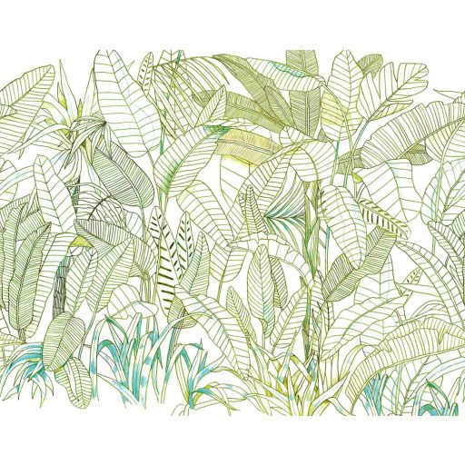 Könnyed mégis mélyreható - banán és pálmalavelek grafikus ábrázolása fehér zöld és türkiz tónus falpanel