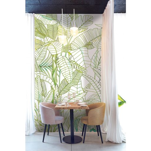Könnyed mégis mélyreható - banán és pálmalavelek grafikus ábrázolása fehér zöld és türkiz tónus falpanel