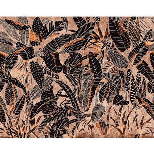 Könnyed mégis mélyreható - banán és pálmalavelek grafikus ábrázolása bézs barna narancs és fekete tónus falpanel