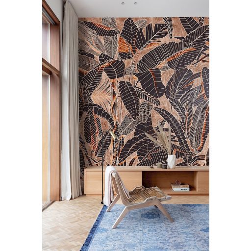 Könnyed mégis mélyreható - banán és pálmalavelek grafikus ábrázolása bézs barna narancs és fekete tónus falpanel