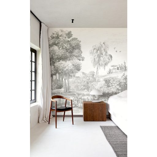 Idilli és nosztalgikus botanikus tájkép krétafehér szürke és sötétszürke tónus falpanel