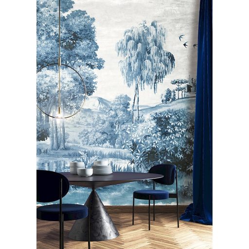 Idilli és nosztalgikus botanikus tájkép törtfehér kék és sötétkék tónus falpanel