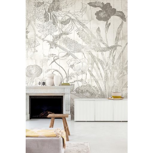 Botanikai szépség - vázlatos levél és virágmotívum krétafehér szürke és sötétszürke tónus falpanel