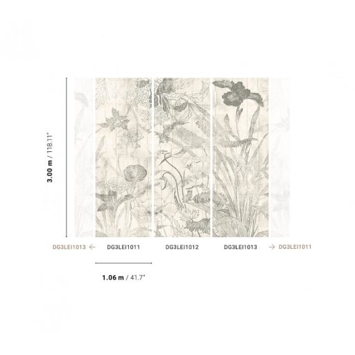 Botanikai szépség - vázlatos levél és virágmotívum krétafehér szürke és sötétszürke tónus falpanel