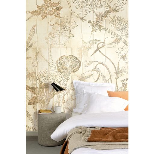 Botanikai szépség - vázlatos levél és virágmotívum krém bézs aranybarna és sötétbarna tónus falpanel