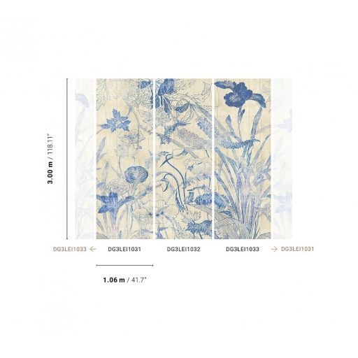 Botanikai szépség - vázlatos levél és virágmotívum krém bézs/szürkésbézs és indigókék tónus falpanel
