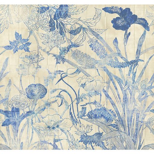 Botanikai szépség - vázlatos levél és virágmotívum krém bézs/szürkésbézs és indigókék tónus falpanel