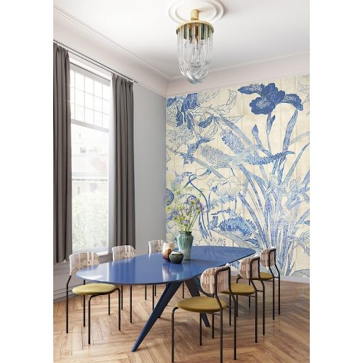 Botanikai szépség - vázlatos levél és virágmotívum krém bézs/szürkésbézs és indigókék tónus falpanel