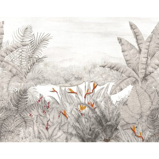 Egzotikus trópusi esőerdő pálmalavelekkel banánfával és papagájvirággal fehér világosszürke szürke piros és sárga tónus falpanel