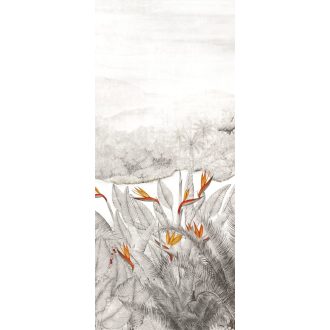   Egzotikus trópusi esőerdő pálmalavelekkel banánfával és papagájvirággal fehér világosszürke szürke piros és sárga tónus falpanel