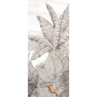  Egzotikus trópusi esőerdő pálmalavelekkel banánfával és papagájvirággal fehér világosszürke szürke piros és sárga tónus falpanel