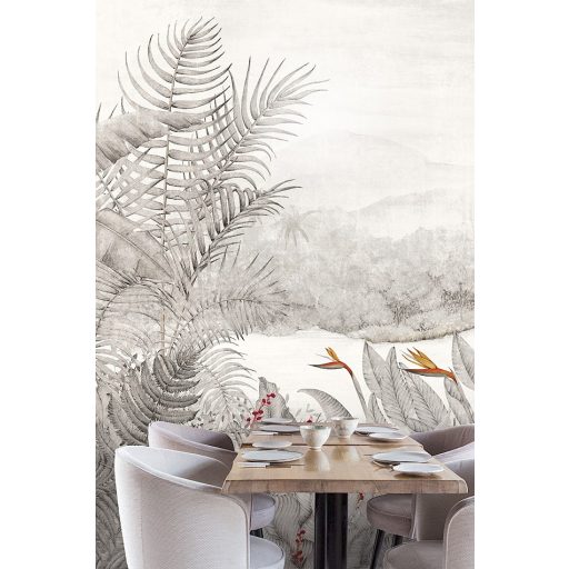 Egzotikus trópusi esőerdő pálmalavelekkel banánfával és papagájvirággal fehér világosszürke szürke piros és sárga tónus falpanel