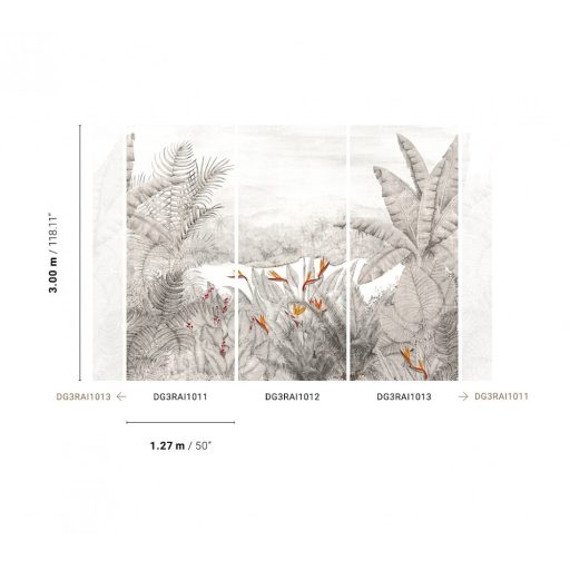 Egzotikus trópusi esőerdő pálmalavelekkel banánfával és papagájvirággal fehér világosszürke szürke piros és sárga tónus falpanel