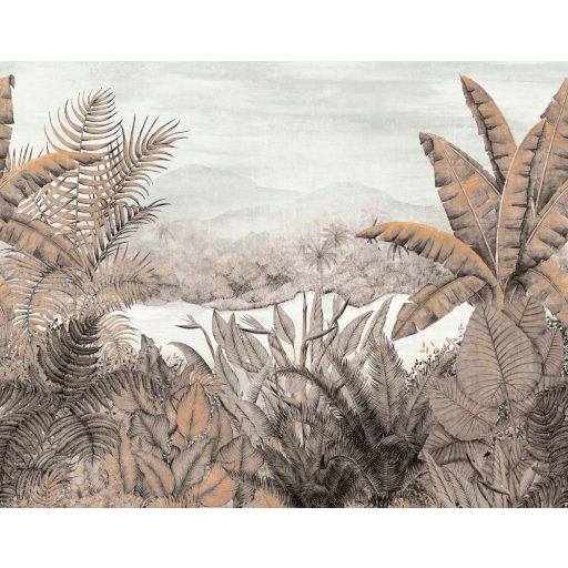 Egzotikus trópusi esőerdő pálmalavelekkel banánfával és papagájvirággal fehér szürke barna fekete és narancs tónus falpanel