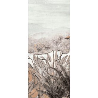   Egzotikus trópusi esőerdő pálmalavelekkel banánfával és papagájvirággal fehér szürke barna fekete és narancs tónus falpanel