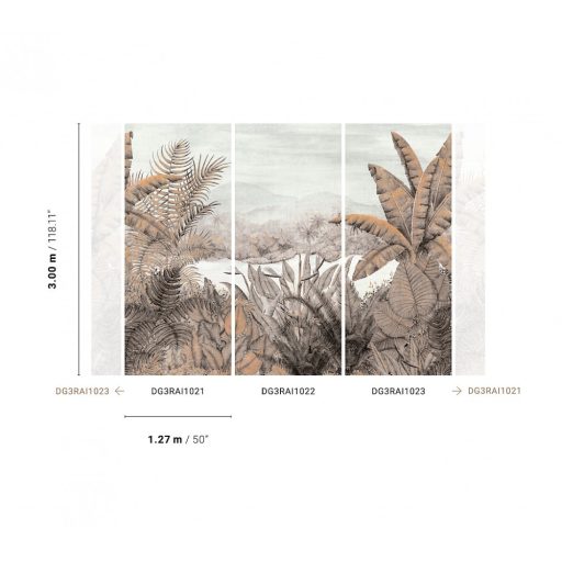 Egzotikus trópusi esőerdő pálmalavelekkel banánfával és papagájvirággal fehér szürke barna fekete és narancs tónus falpanel