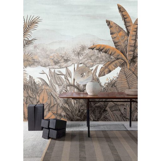 Egzotikus trópusi esőerdő pálmalavelekkel banánfával és papagájvirággal fehér szürke barna fekete és narancs tónus falpanel