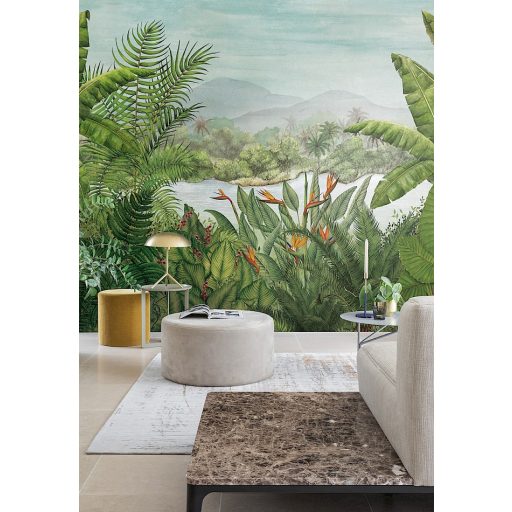 Egzotikus trópusi esőerdő pálmalavelekkel banánfával és papagájvirággal zöld szürke türkiz piros és narancs tónus falpanel