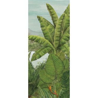   Egzotikus trópusi esőerdő pálmalavelekkel banánfával és papagájvirággal zöld szürke türkiz piros és narancs tónus falpanel
