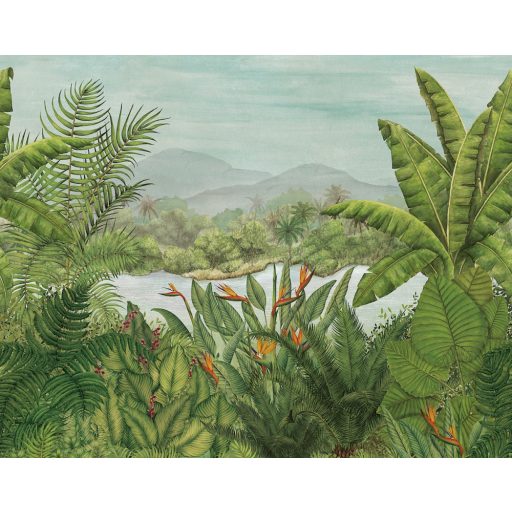 Egzotikus trópusi esőerdő pálmalavelekkel banánfával és papagájvirággal zöld szürke türkiz piros és narancs tónus falpanel