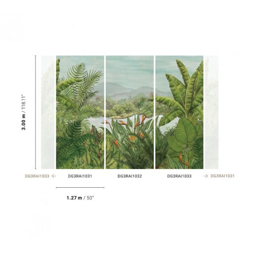 Egzotikus trópusi esőerdő pálmalavelekkel banánfával és papagájvirággal zöld szürke türkiz piros és narancs tónus falpanel