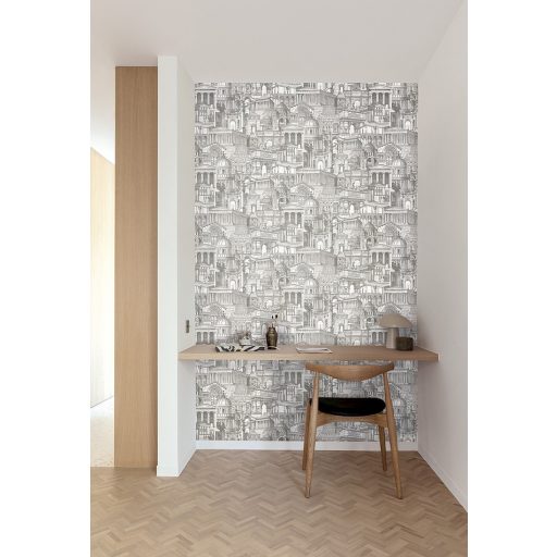 Építészeti falikép római városmotívummal fehér szürke és sötétszürke tónus falpanel