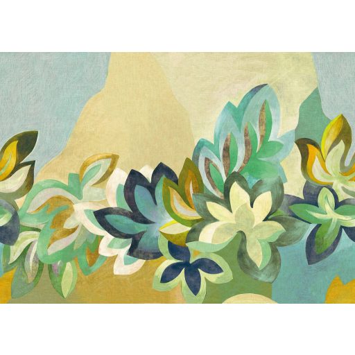 A mű elkészült! Óriás levelek színpompás és festői kavalkádja türkiz meleg sárga friss zöld fehér és kék tónus falpanel