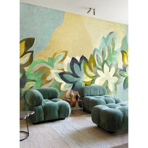 A mű elkészült! Óriás levelek színpompás és festői kavalkádja türkiz meleg sárga friss zöld fehér és kék tónus falpanel