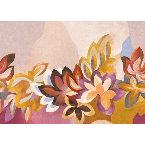 A mű elkészült! Óriás levelek színpompás és festői kavalkádja meleg narancs lila rózaszín puncs és arany tónus falpanel