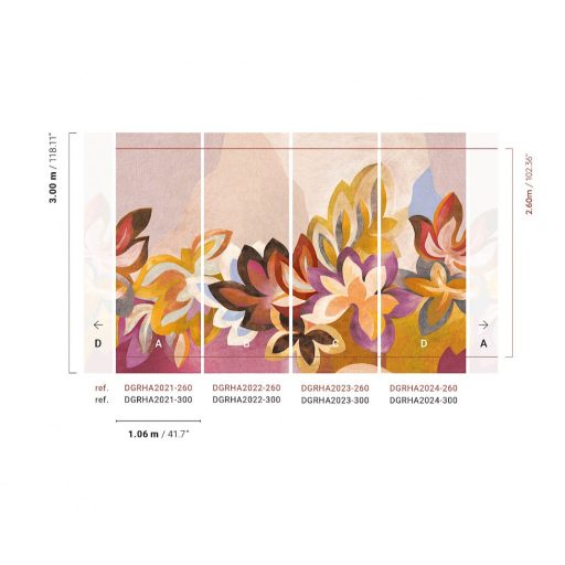 A mű elkészült! Óriás levelek színpompás és festői kavalkádja meleg narancs lila rózaszín puncs és arany tónus falpanel