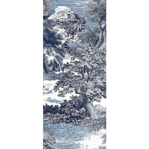 Ősi erdők titkai után kutatva metszet monokróm panoráma fehér kék és fajanszkék tónus falpanel