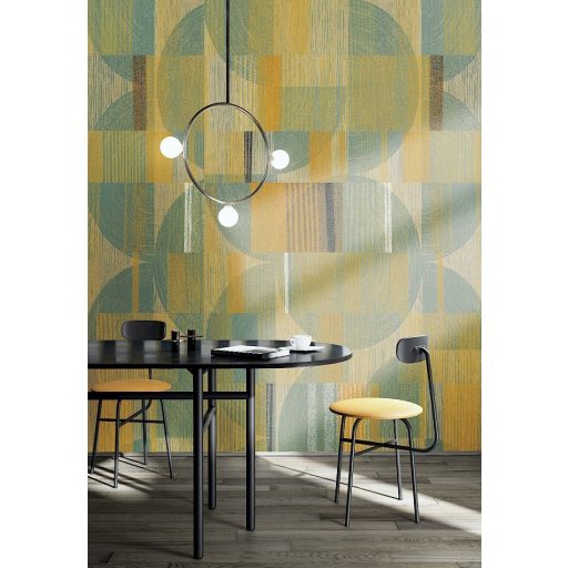 Finom fonalakkal készült geometrikus fali dekoráció kék zöld sárga és fekete tónus falpanel